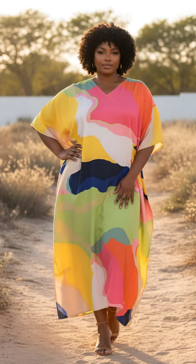 Multicolor Abstract Watercolor Plus Size Kaftan for Women 1X-3X | GypsieBlu