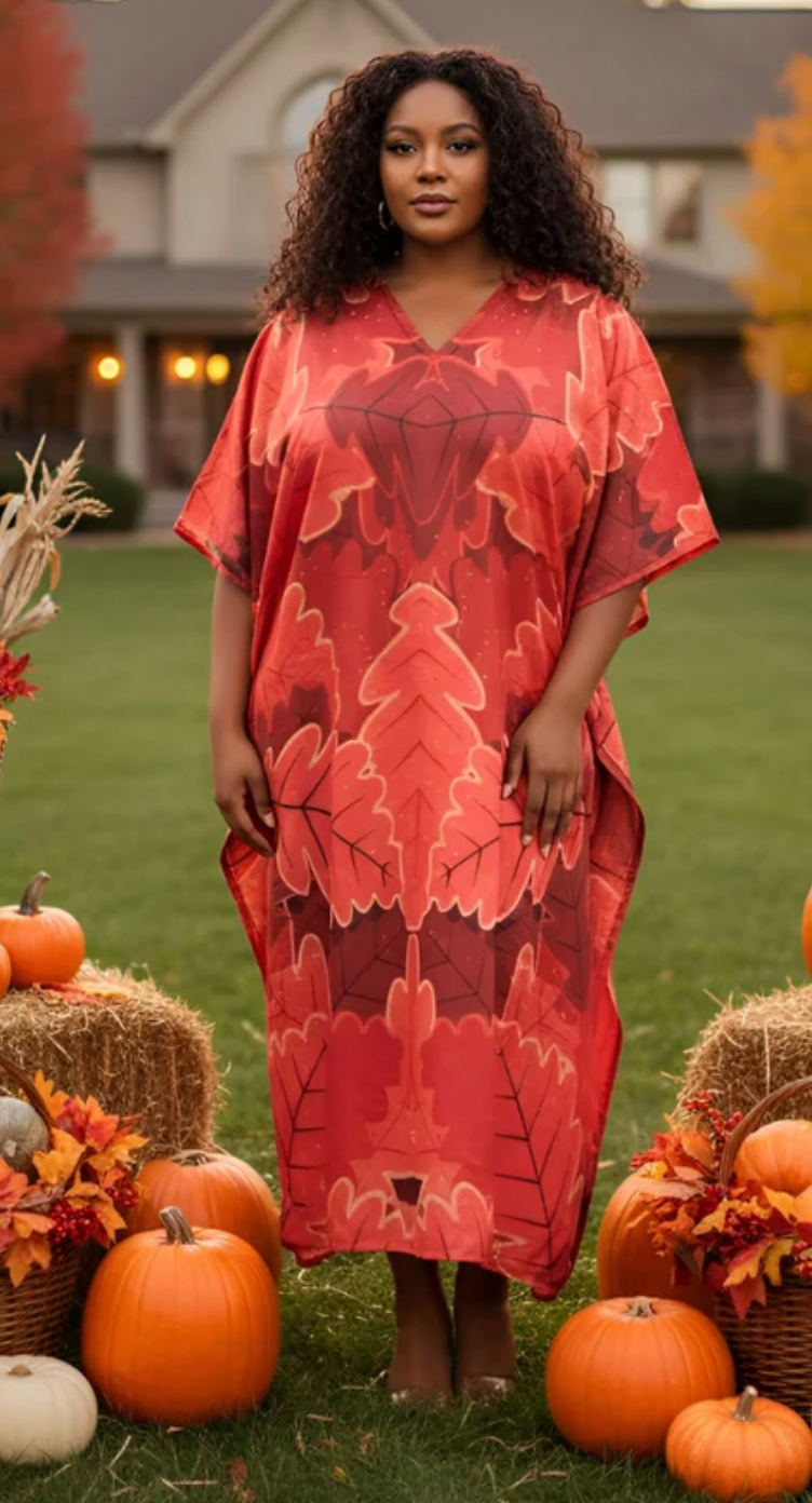 Red Geometric Leaf Polyester Plus Size Kaftan for Women 1X-3X | GypsieBlu