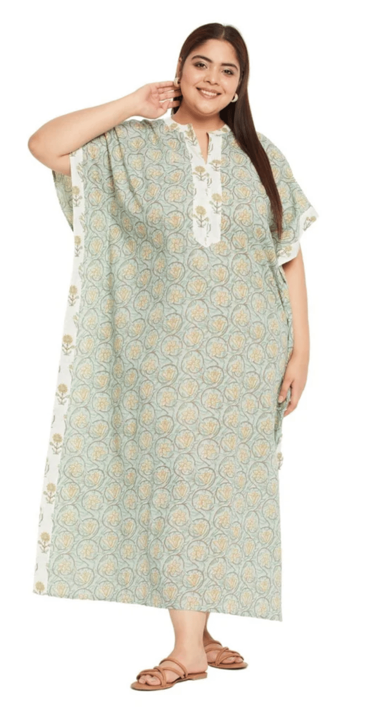GypsieBlu Green Floral Plus Size Cotton Kaftan Dress for Women 3/4 Sleeve 1X-3X