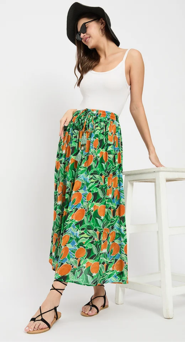 Green Multicolor Citrus Fruit Rayon Skirt for Women S-XL | GypsieBlu