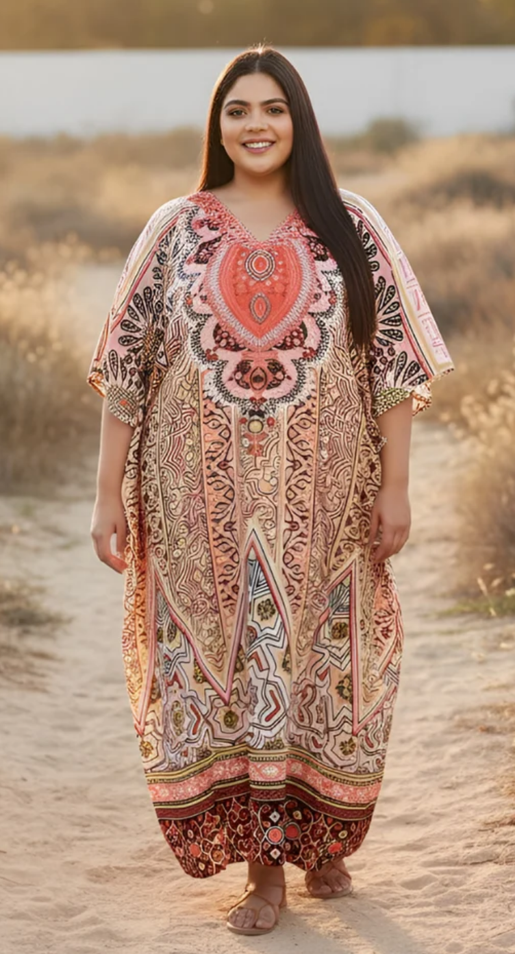 Multicolor Boho Medallion Plus Size Kaftan for Women 1X-3X V Neck | GypsieBlu