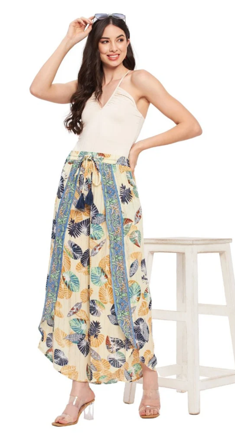 White & Turquoise Leaf Rayon Bottom Pants for Women S-XL | GypsieBlu