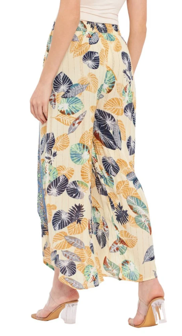 White & Turquoise Leaf Rayon Bottom Pants for Women S-XL | GypsieBlu