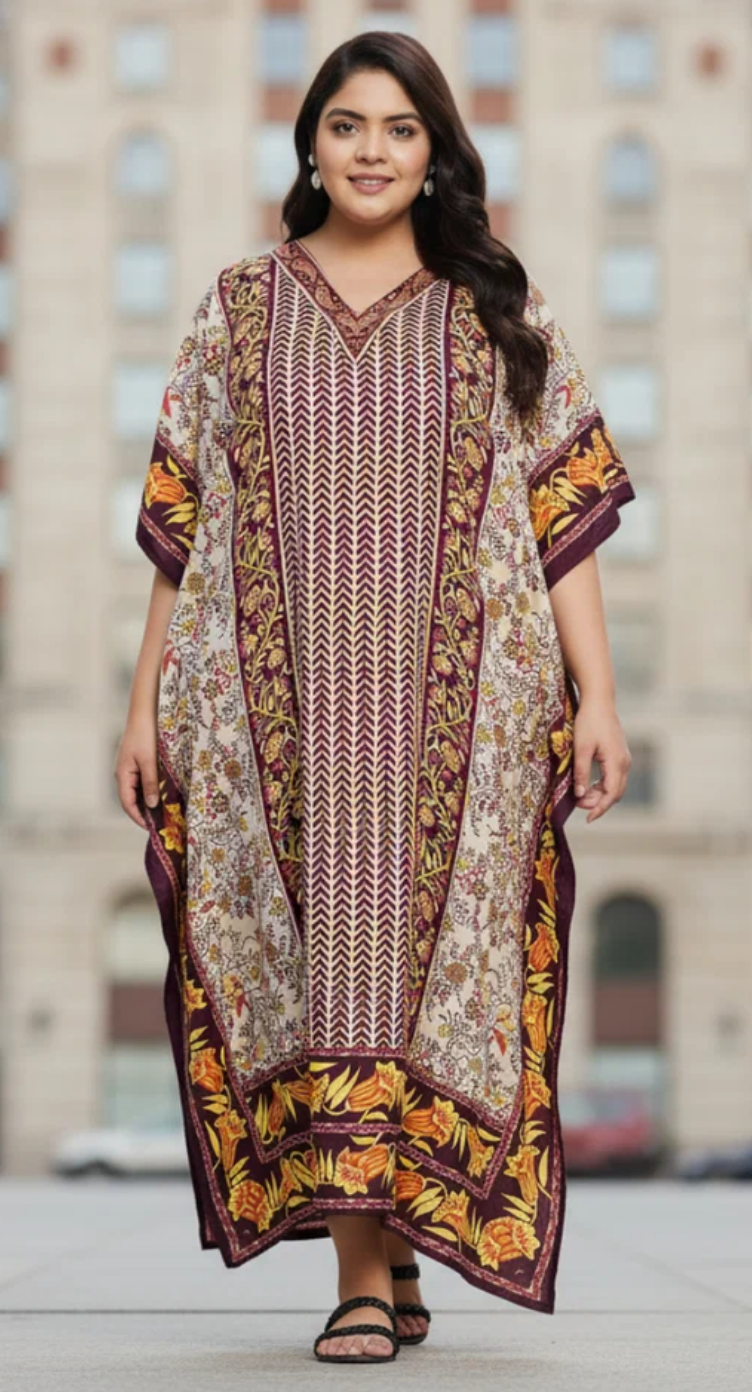 Ivory & Burgundy Floral Chevron Polyester Plus Size Kaftan for Women 1X-3X 3/4 Sleeve | GypsieBlu