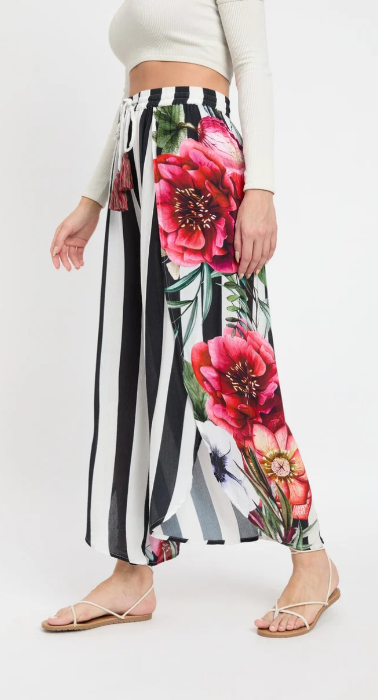 Black Striped & Floral Rayon Bottom Pants for Women S-XL | GypsieBlu