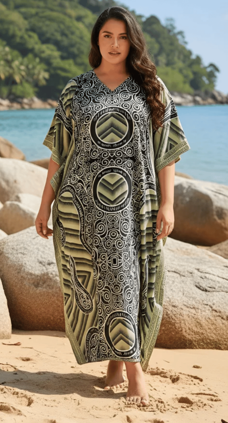 Black Geometric Circle Polyester Plus Size Kaftan for Women 1X-3X | GypsieBlu
