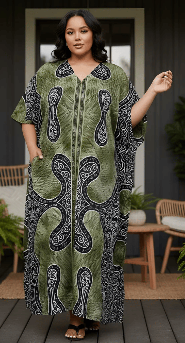 Moss Green Tribal Swirl Polyester Plus Size Kaftan for Women 1X-3X | GypsieBlu
