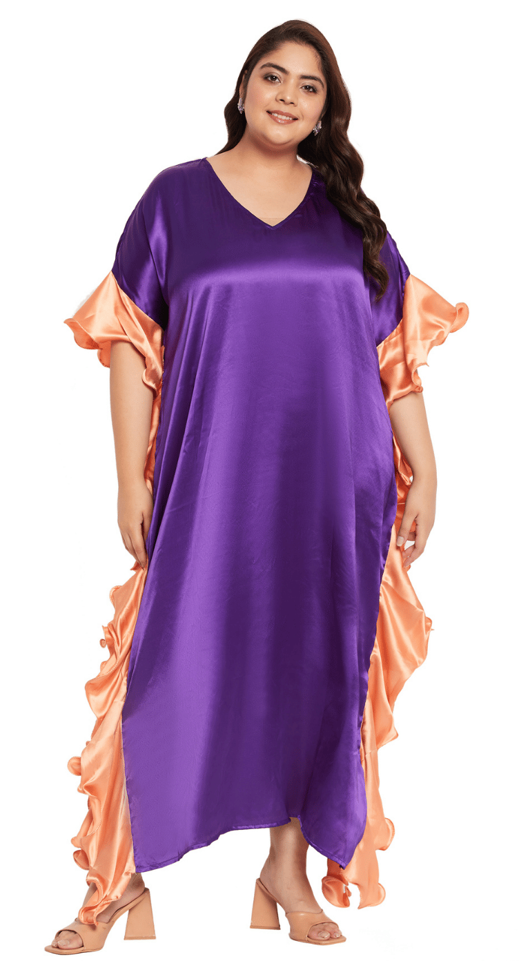 Purple Ruffled Peach-Ruffle Satin Plus Size Kaftan Dress for Women 1X-3X 3/4 Sleeve | GypsieBlu