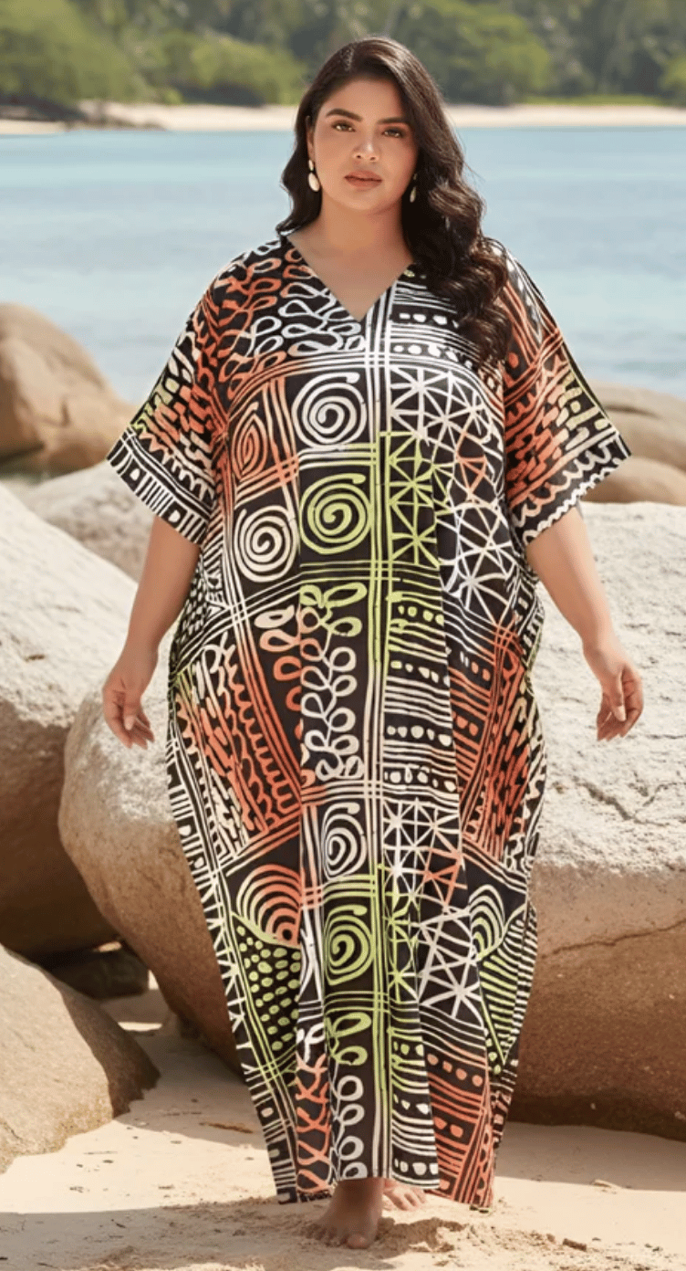 Black Tribal Doodle Polyester Plus Size Kaftan for Women 1X-3X | GypsieBlu