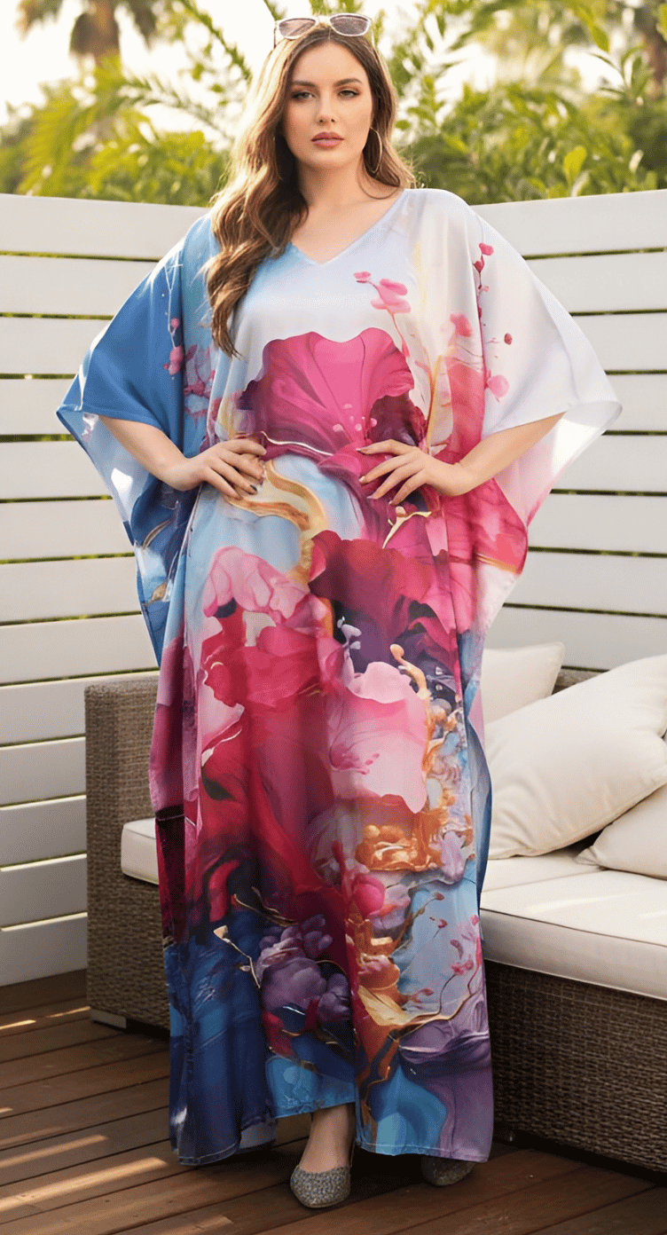 Pink Lemonade Floral Satin Plus Size Kaftan Dress for Women 1X-3X | GypsieBlu