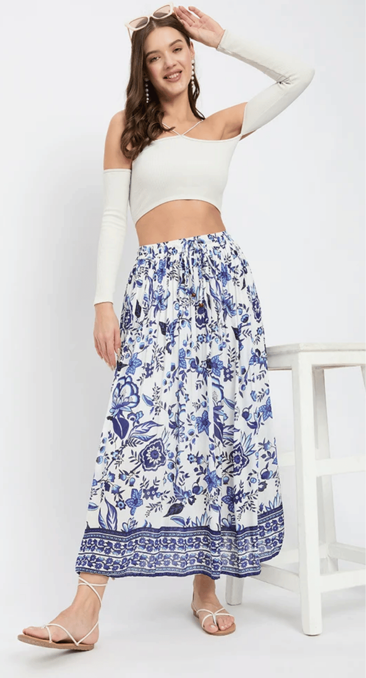 White Floral Border Rayon Skirt for Women S-XL | GypsieBlu