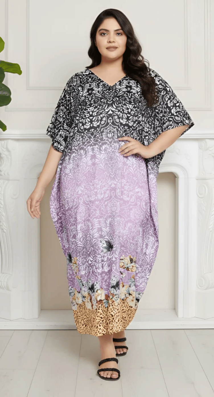 Black Ombre-Damask Floral Polyester Plus Size Kaftan for Women 1X-3X 3/4 Sleeve V Neck | GypsieBlu