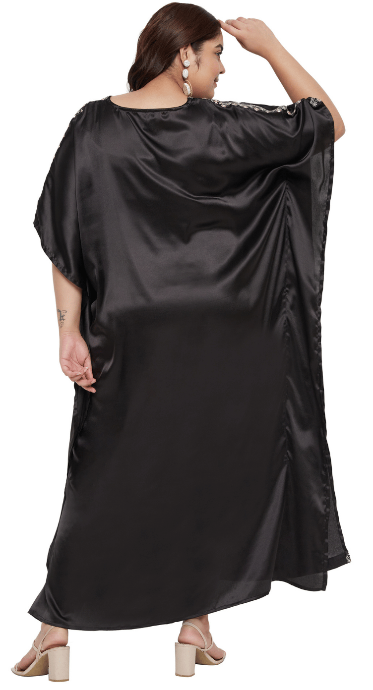 Black satin plus size kaftan dress with embellished V-neckline and 3/4 sleeves — second view