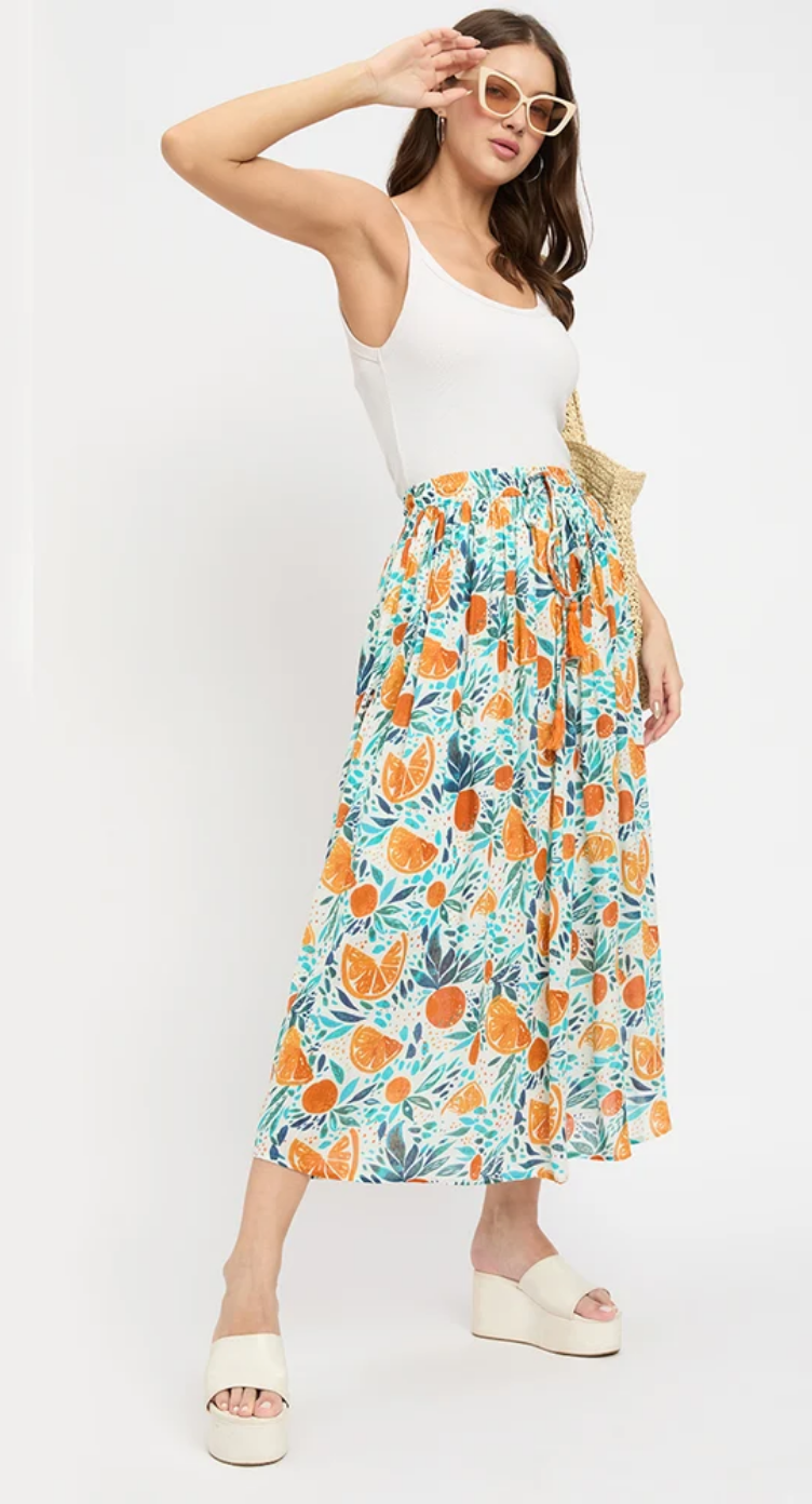 White Multicolor Citrus Fruit Rayon Skirt for Women S-XL | GypsieBlu