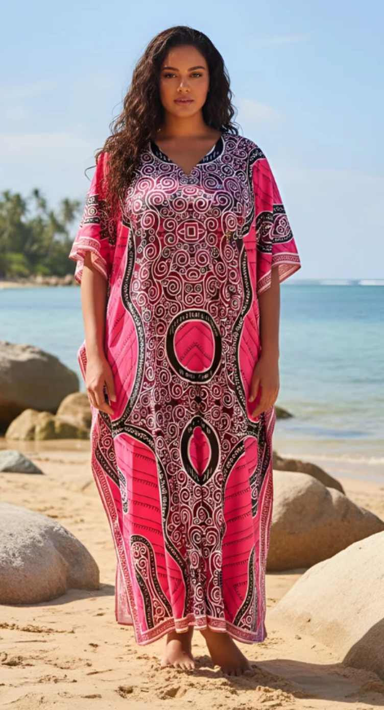 Pink Tribal Swirl Polyester Plus Size Kaftan for Women 1X-3X | GypsieBlu