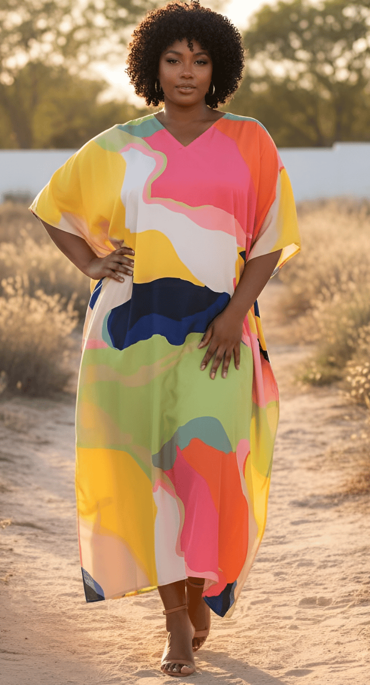 Multicolor Abstract Watercolor Plus Size Kaftan for Women 1X-3X | GypsieBlu