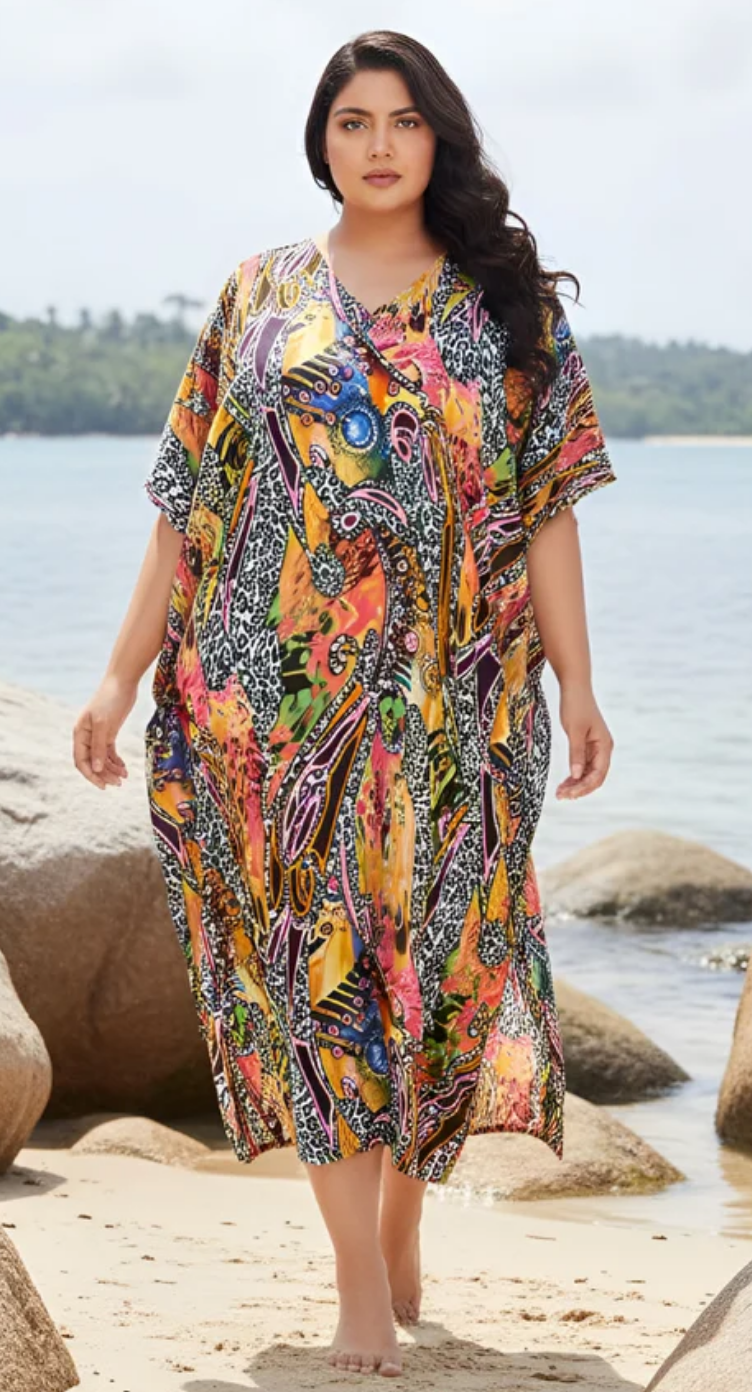 Multicolor Tribal Batik Medallion Polyester Plus Size Kaftan for Women 1X-3X | GypsieBlu