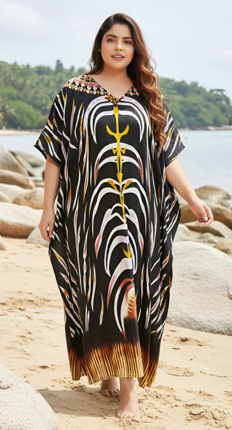 Black Tribal Feather Polyester Plus Size Kaftan for Women 1X-3X | GypsieBlu