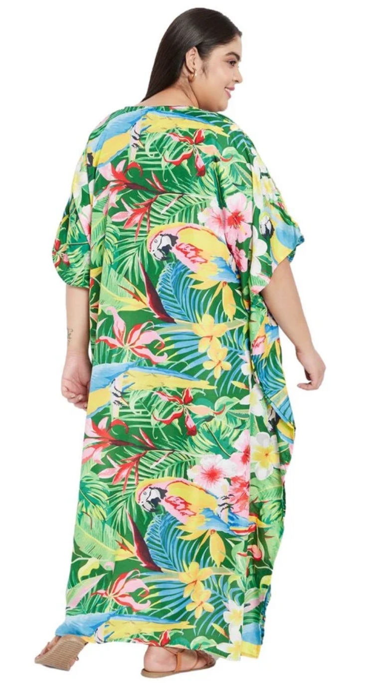 Green Tropical Parrot Polyester Plus Size Kaftan for Women 1X-3X | GypsieBlu