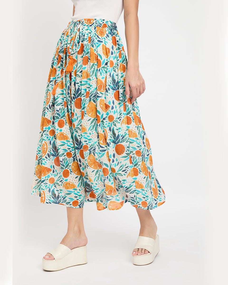 Fruit And Leaf Printed Rayon And Poly Knit Skirt For Women