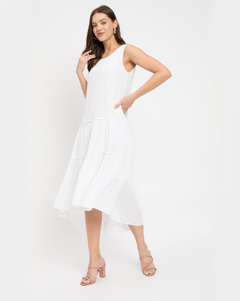 White color rayon gauze midi dress for women