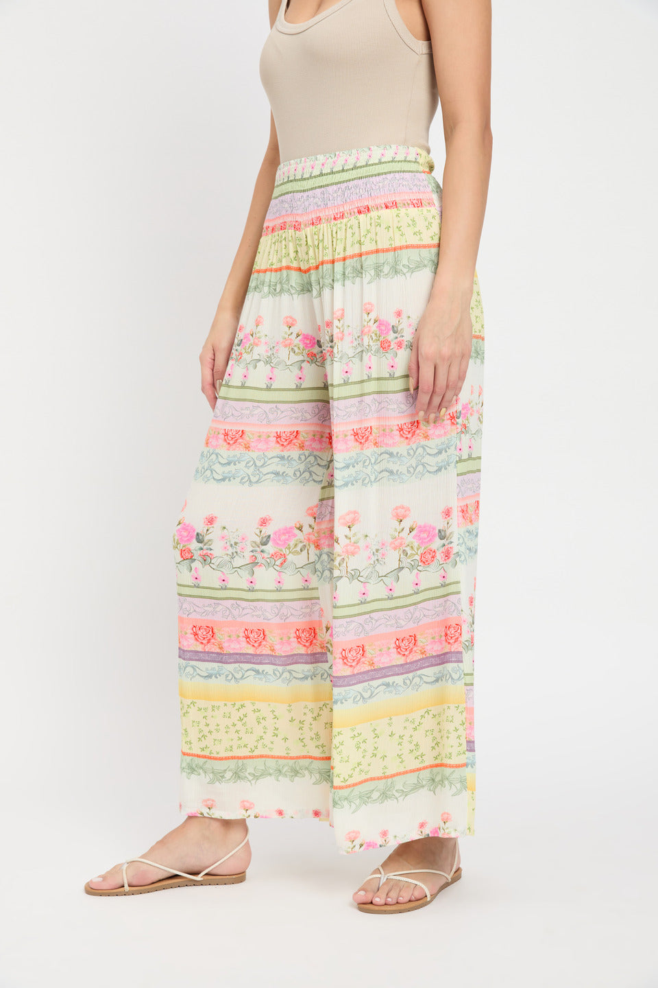 Floral Printed Off White Rayon Crepe Pants For Women