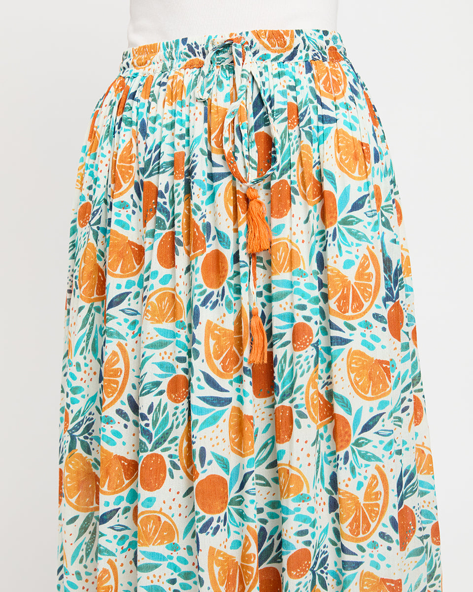 Fruit And Leaf Printed Rayon And Poly Knit Skirt For Women