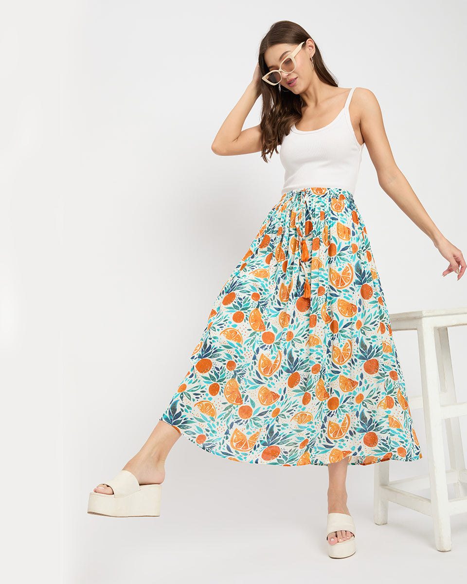 Fruit And Leaf Printed Rayon And Poly Knit Skirt For Women