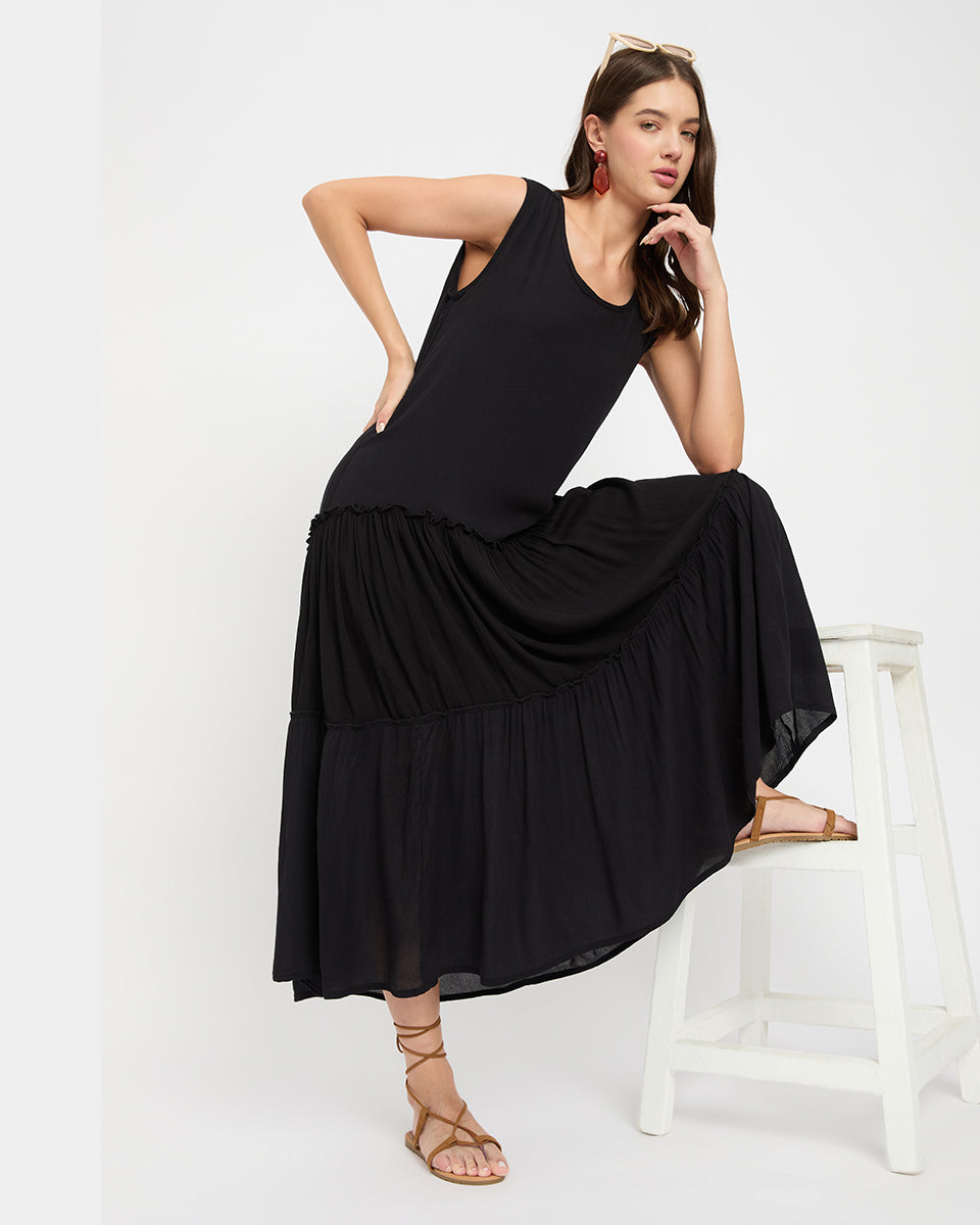 Dazzling Black Rayon Gauze Midi Dress For Women