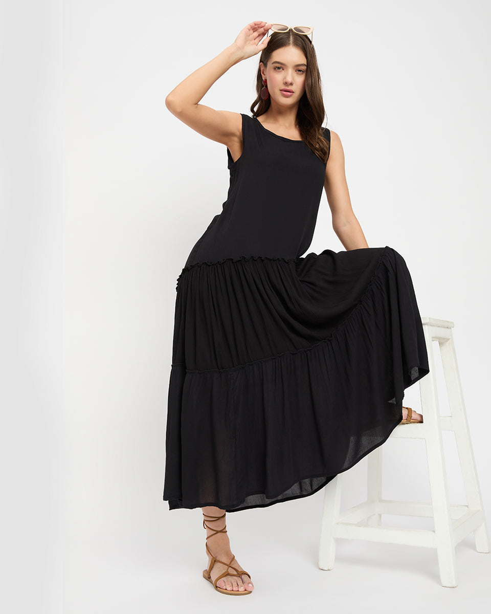 Dazzling Black Rayon Gauze Midi Dress For Women