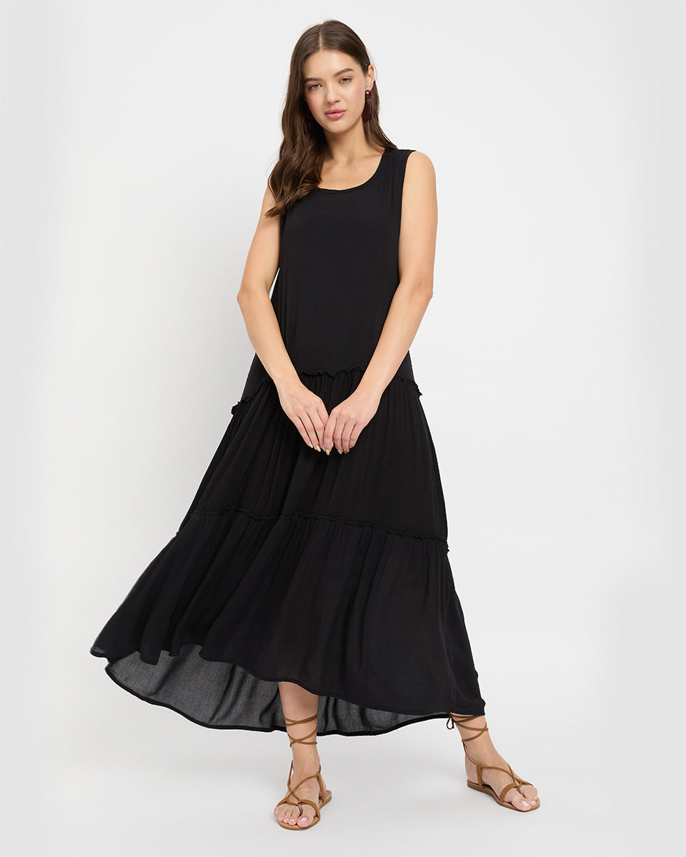 Dazzling Black Rayon Gauze Midi Dress For Women