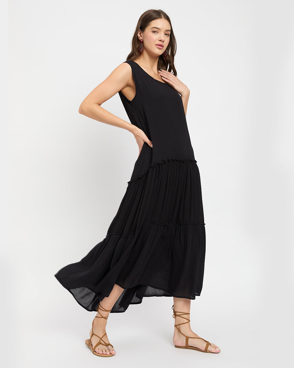 Dazzling Black Rayon Gauze Midi Dress For Women