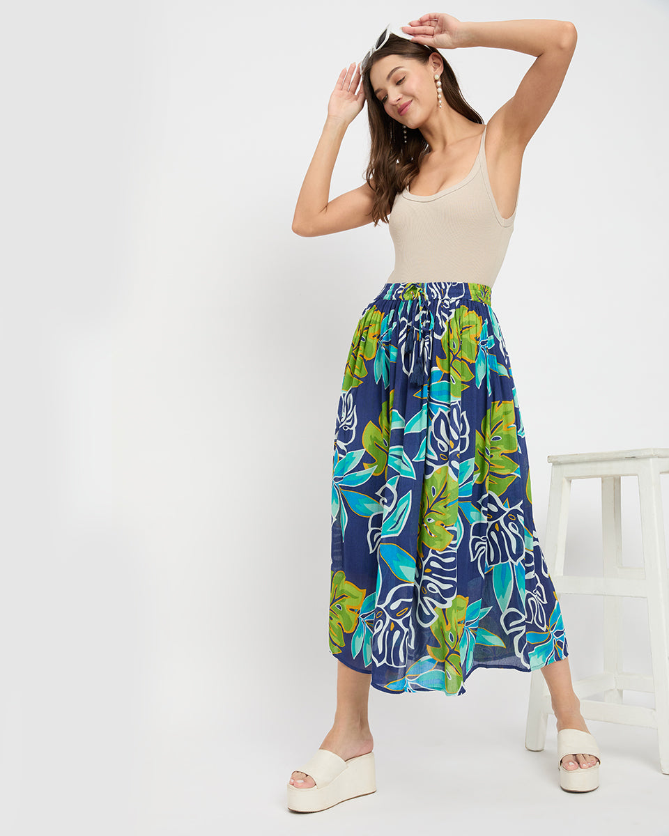 Multicolor Flower Leaf Print Rayon Crepe Poly Knit Skirt For Women