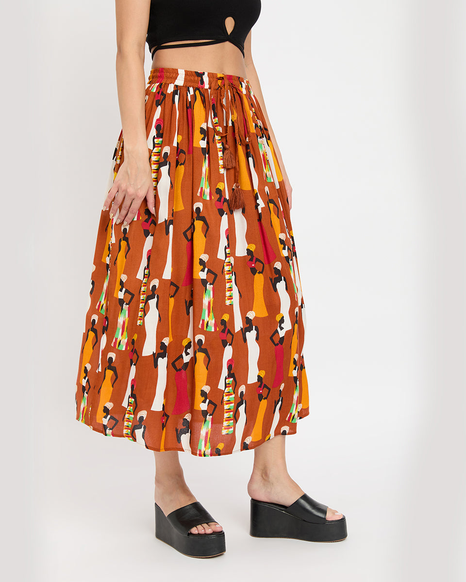 African Doll Print Multicolor Rayon And Poly Knit Skirt For Women