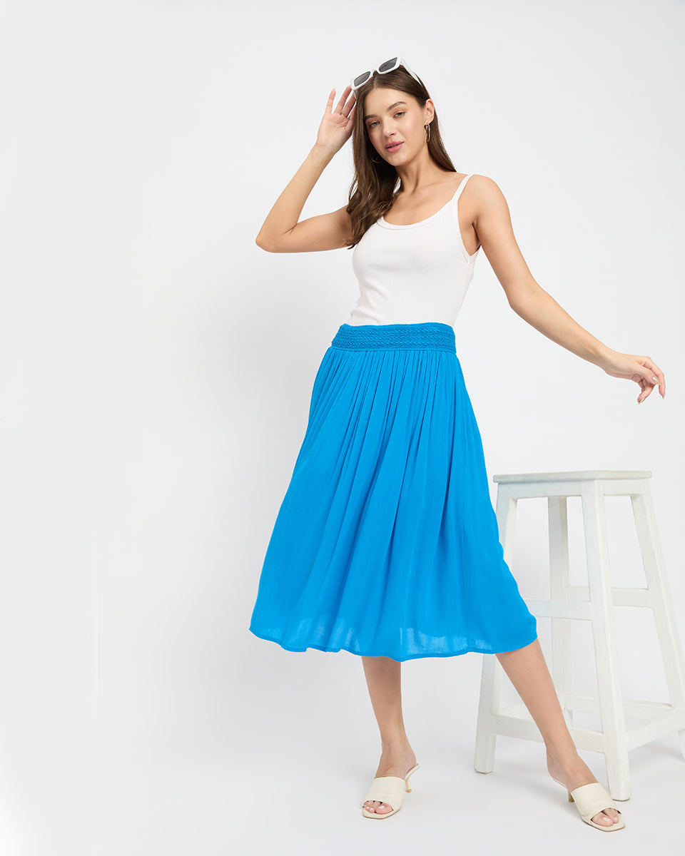 Ravishing Turquoise Rayon Gauze And Poly Knit Skirt For Women