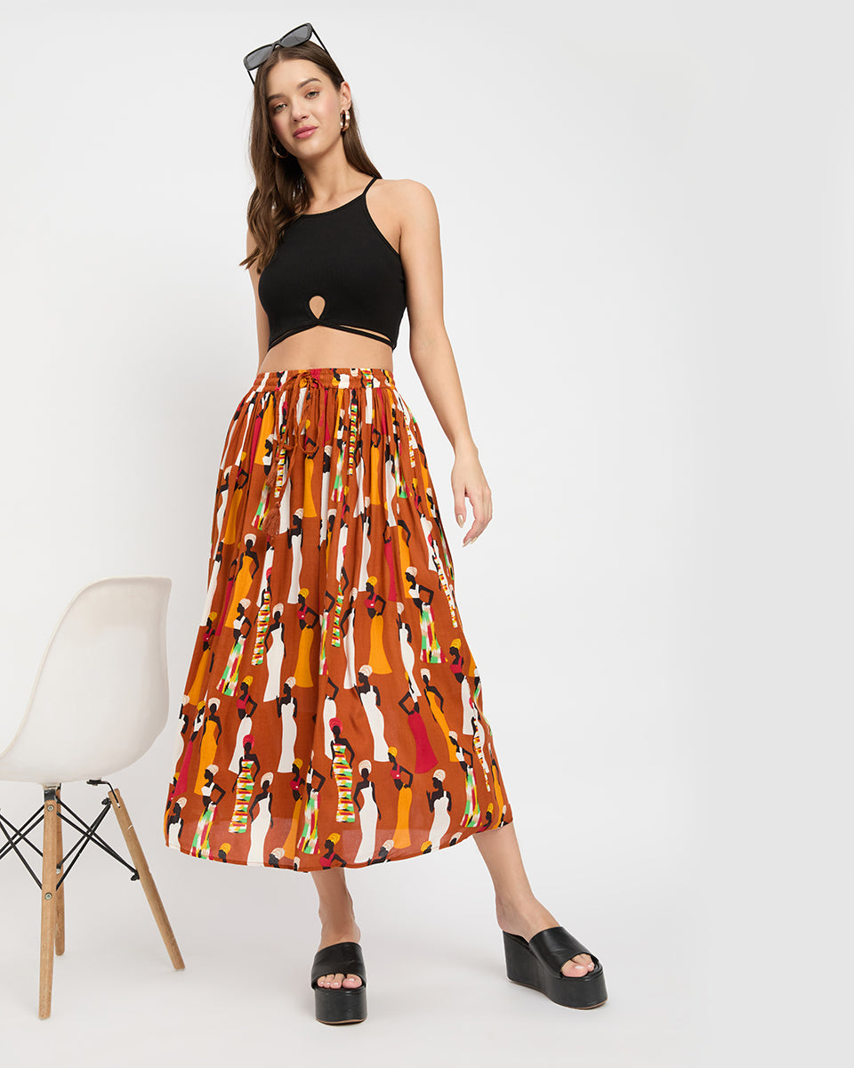 African Doll Print Multicolor Rayon And Poly Knit Skirt For Women