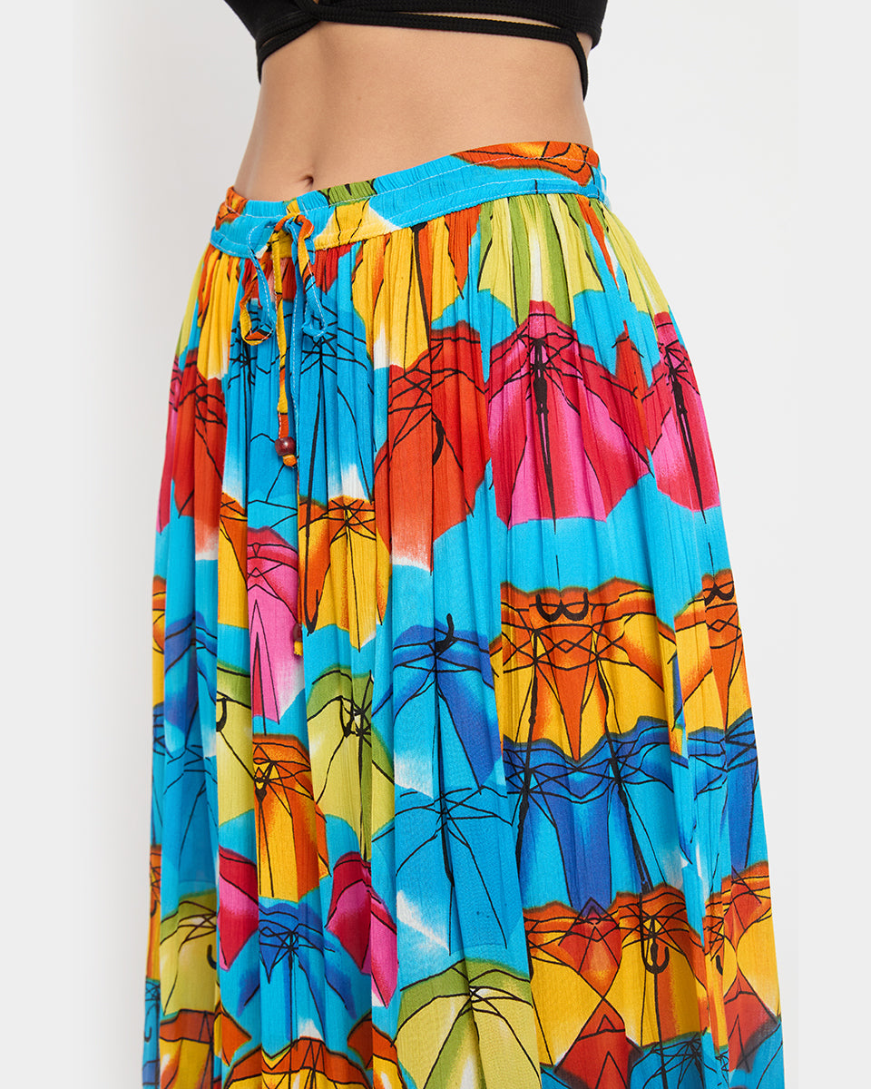 Umbrella Theme Multicolor Poly Knit Rayon Skirt For Women