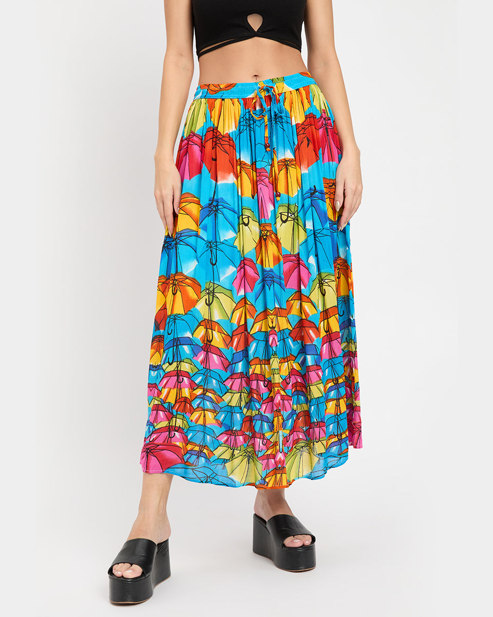 Umbrella Theme Multicolor Poly Knit Rayon Skirt For Women