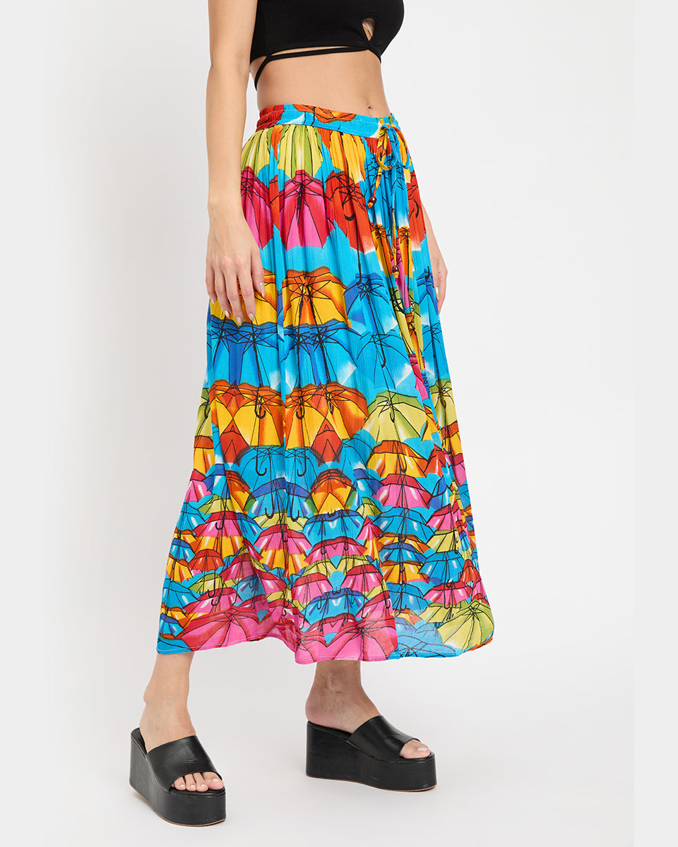 Umbrella Theme Multicolor Poly Knit Rayon Skirt For Women