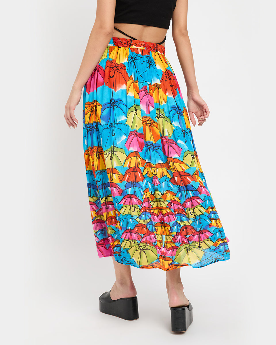 Umbrella Theme Multicolor Poly Knit Rayon Skirt For Women