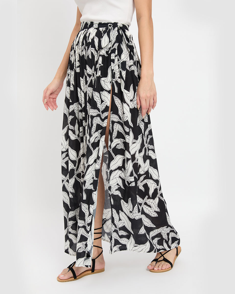 Black And White Leaf Print Side Slit Rayon Skirt For Women