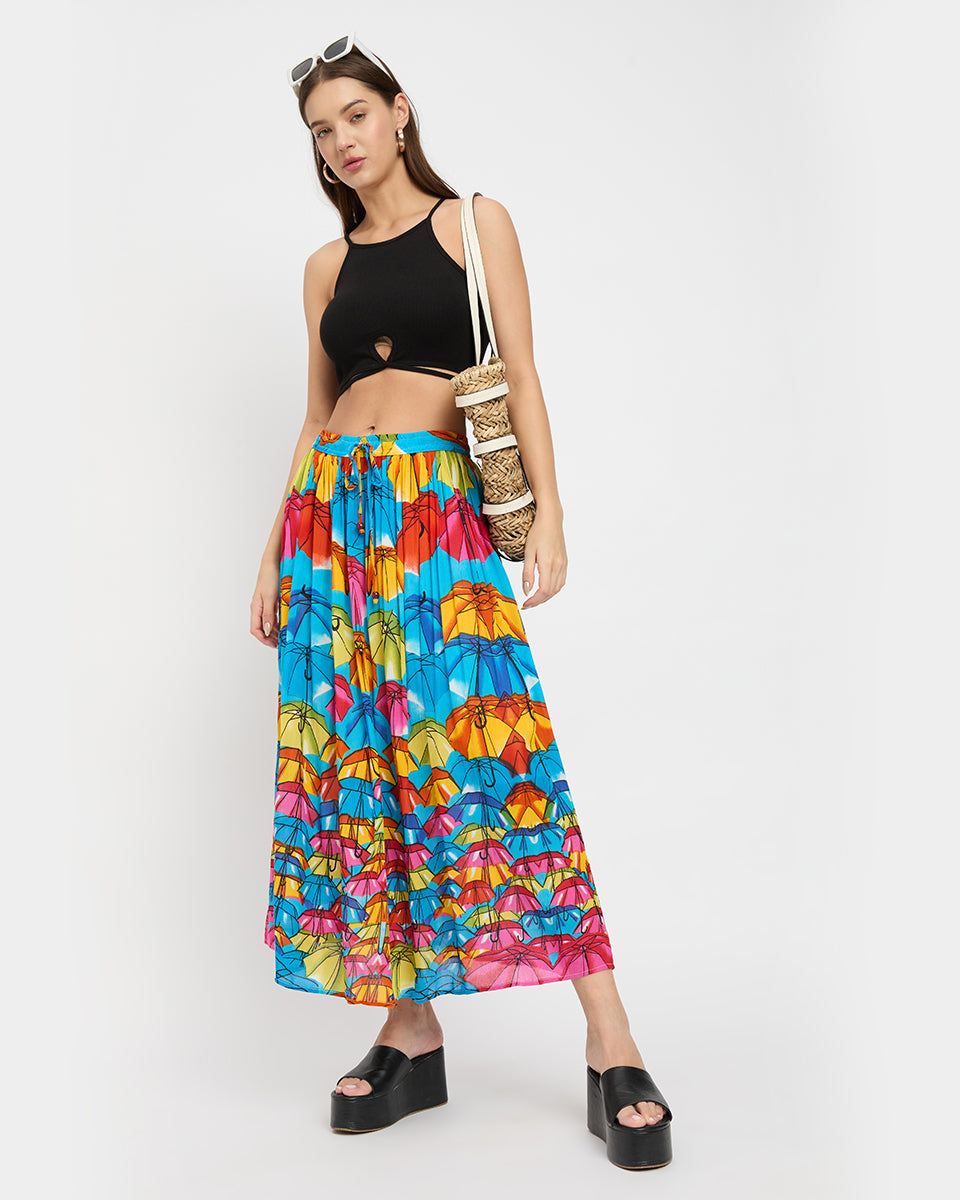 Umbrella Theme Multicolor Poly Knit Rayon Skirt For Women