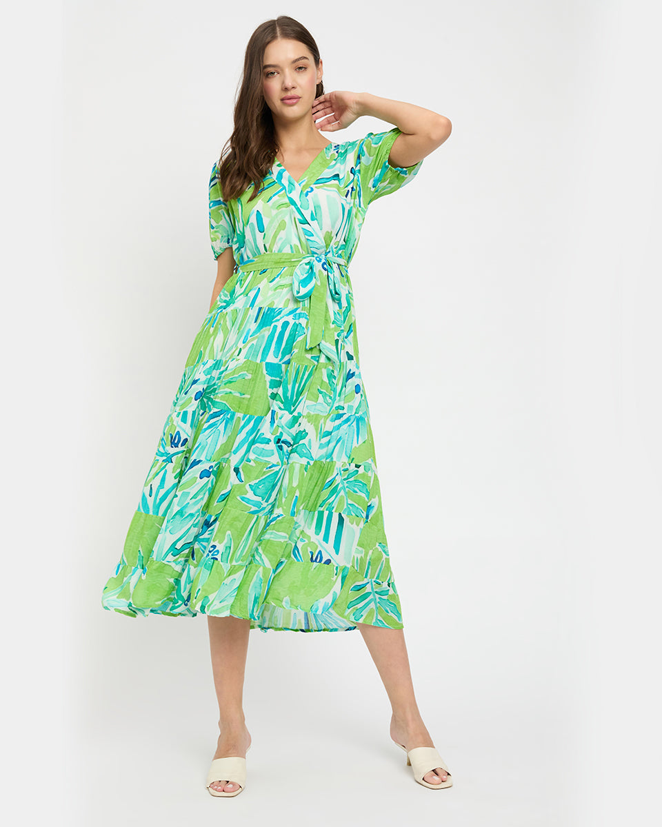 Green And Blue Tie Dye Print Rayon Crepe Midi Dress For Women