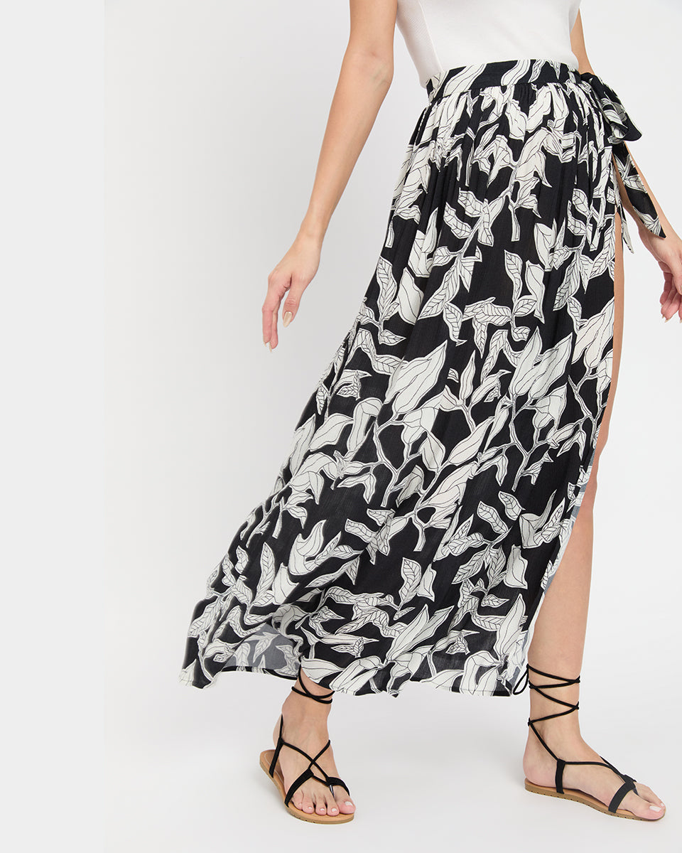 Black And White Leaf Print Side Slit Rayon Skirt For Women