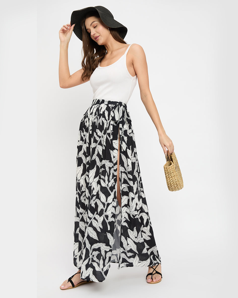 Black And White Leaf Print Side Slit Rayon Skirt For Women