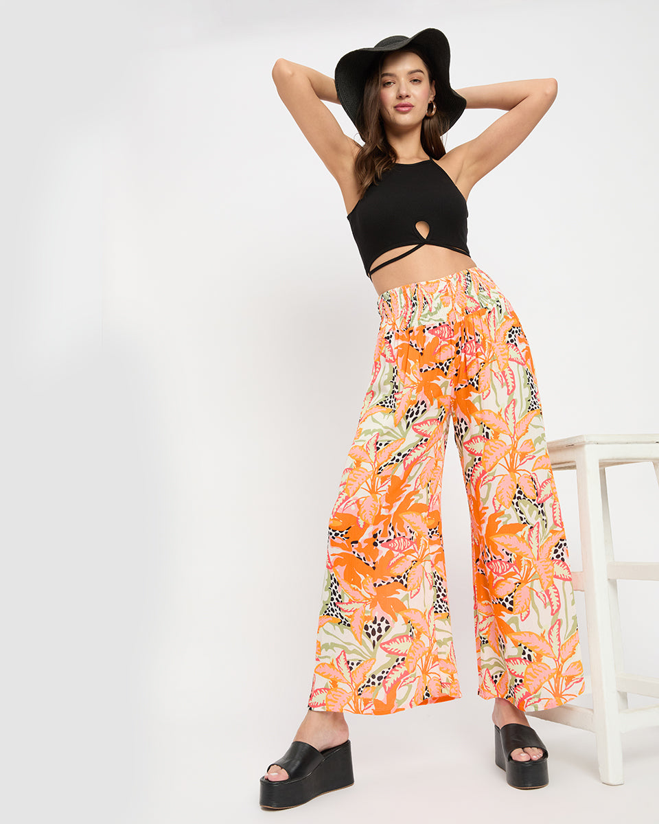 Tropical Printed Orange Rayon Crepe Bottom Pants For Women