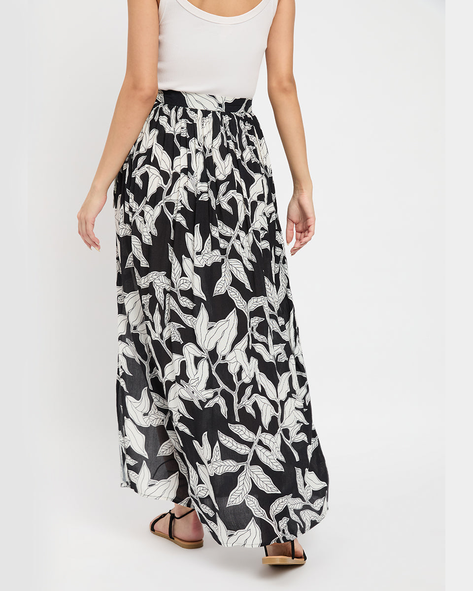 Black And White Leaf Print Side Slit Rayon Skirt For Women