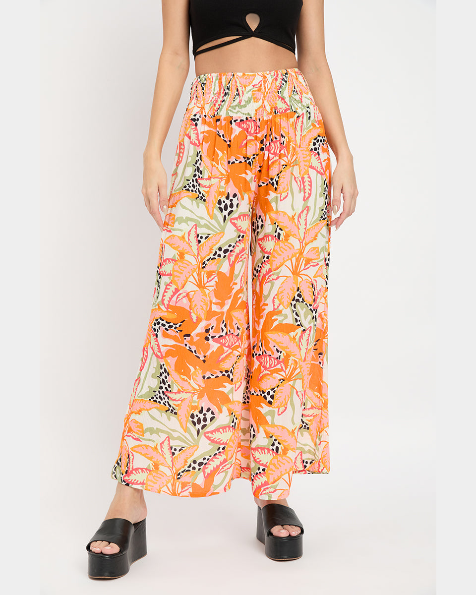 Tropical Printed Orange Rayon Crepe Bottom Pants For Women