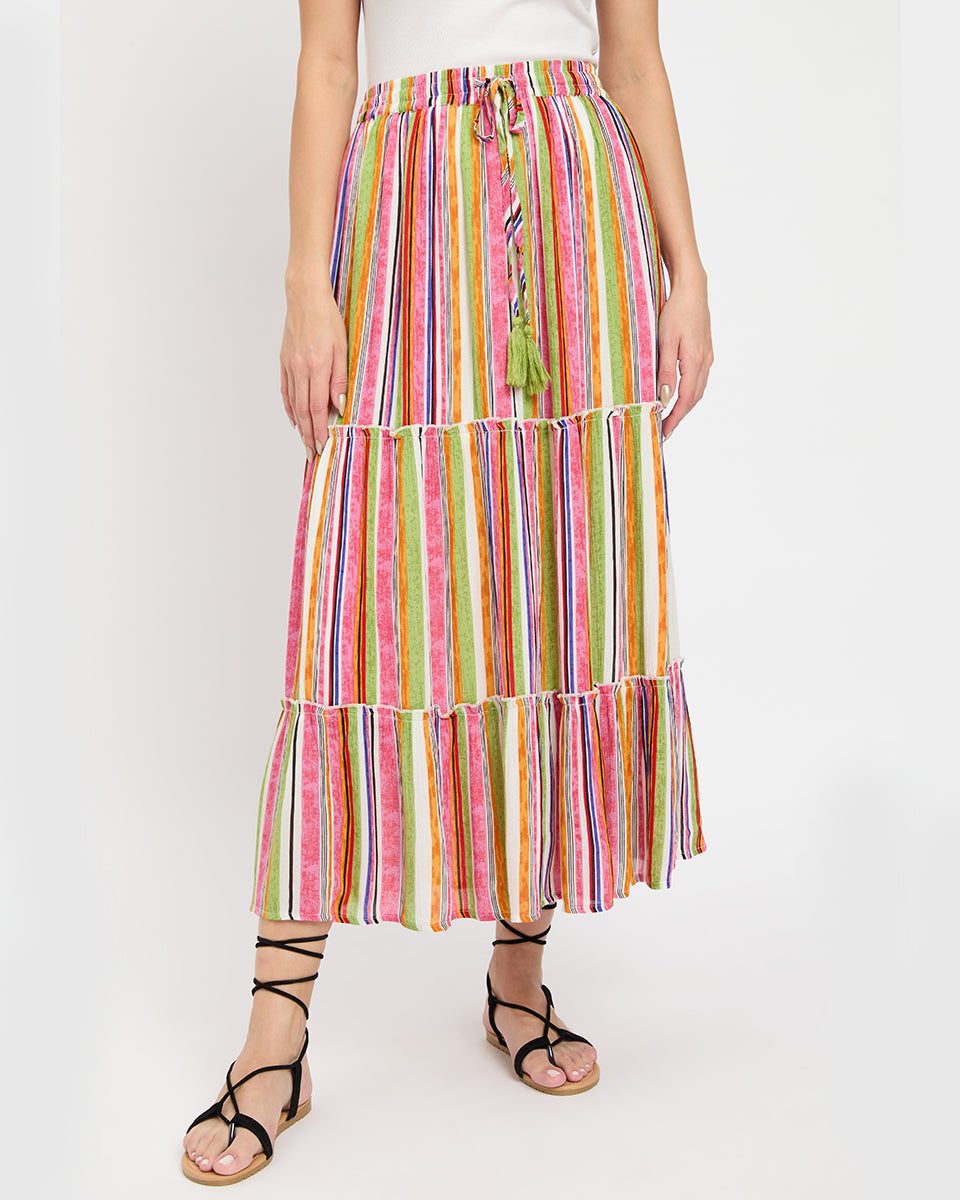 Rayon And Poly Knit Multicolor Long Skirt For Women