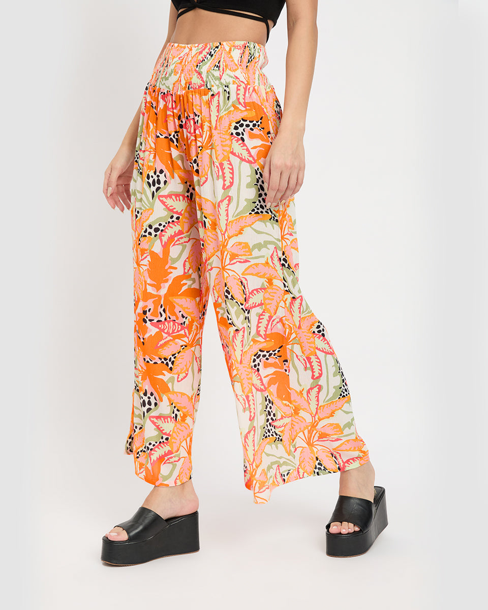 Tropical Printed Orange Rayon Crepe Bottom Pants For Women